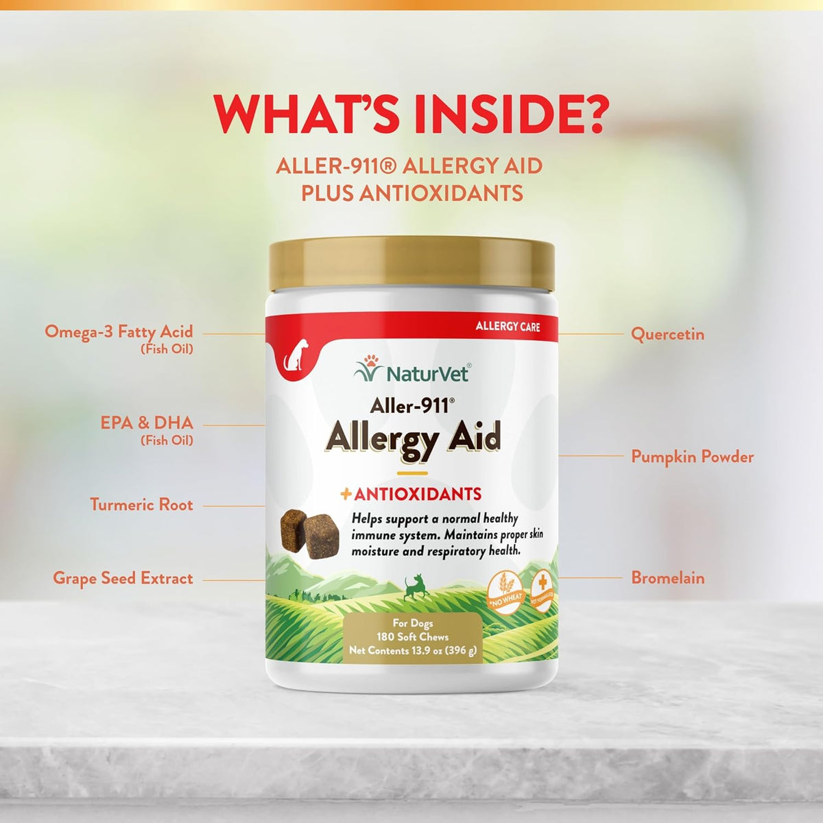 NaturVet Aller-911 Advanced Allergy Aid for Dogs, Cats – Antioxidant-Rich Pet Supplement with