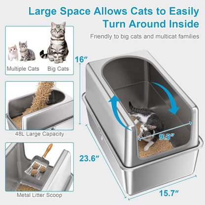 16'' High Sides XXXL All Stainless Steel Cat Litter Box with Lid,8'' Deep Metal Litter Box for Big