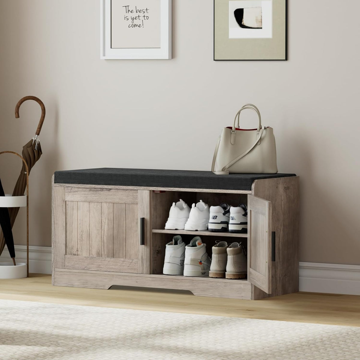 2-Tier Storage Bench, Shoe Bench with Thickened Padded Seat Cushion, Entryway Bench with 2 Doors