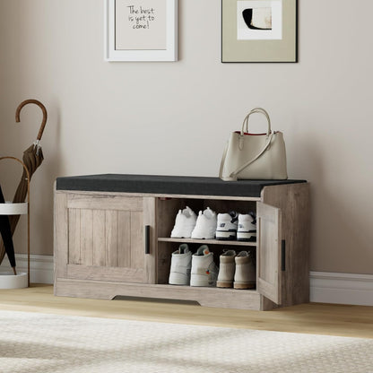2-Tier Storage Bench, Shoe Bench with Thickened Padded Seat Cushion, Entryway Bench with 2 Doors
