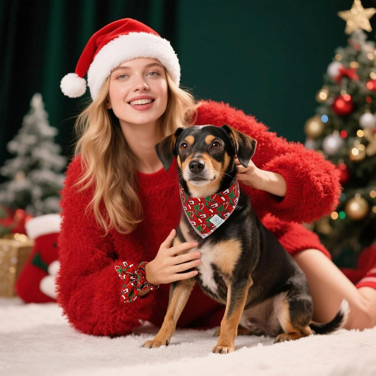 E-Clover Christmas Dog Bandanas & Matching Scrunchie Set Green Red Dog Scarf Bibs Pet Bandana with