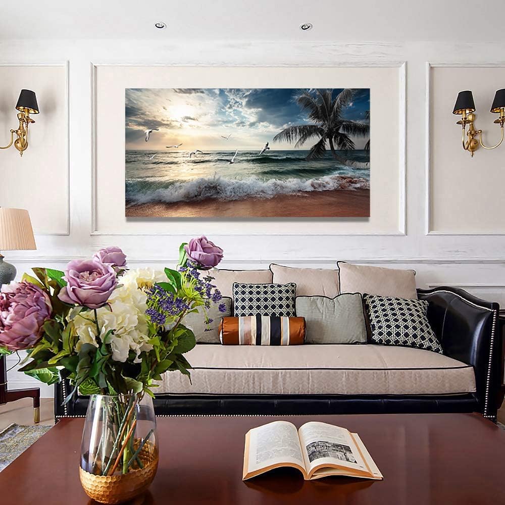 Yxbhhym Large Beach Ocean Canvas Wall Art Coast Sunset Sea Paintings Poster Seascape Picture Palm