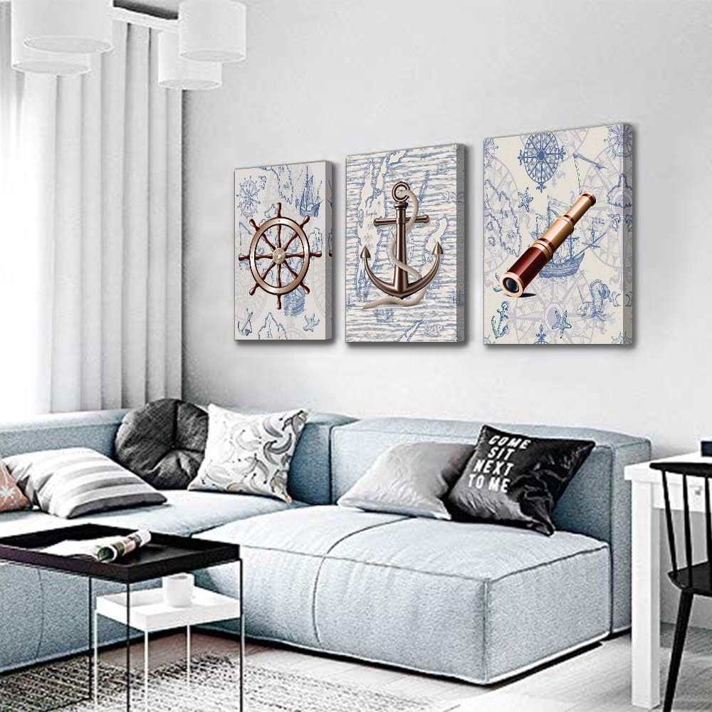 ocean theme steering wheel telescope ship pendant Canvas Prints bathroom Wall Art for Bedroom Wall
