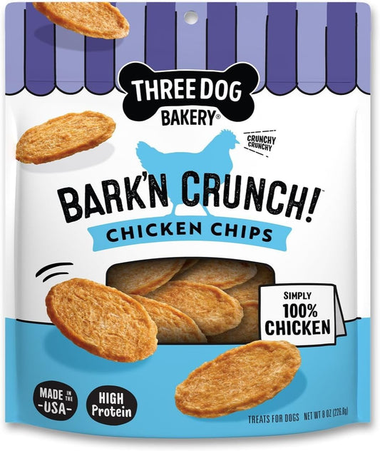 Three Dog Bakery Bark’N Crunch! Chicken Chips, Crunchy Treats for Dogs, Single Ingredient, High