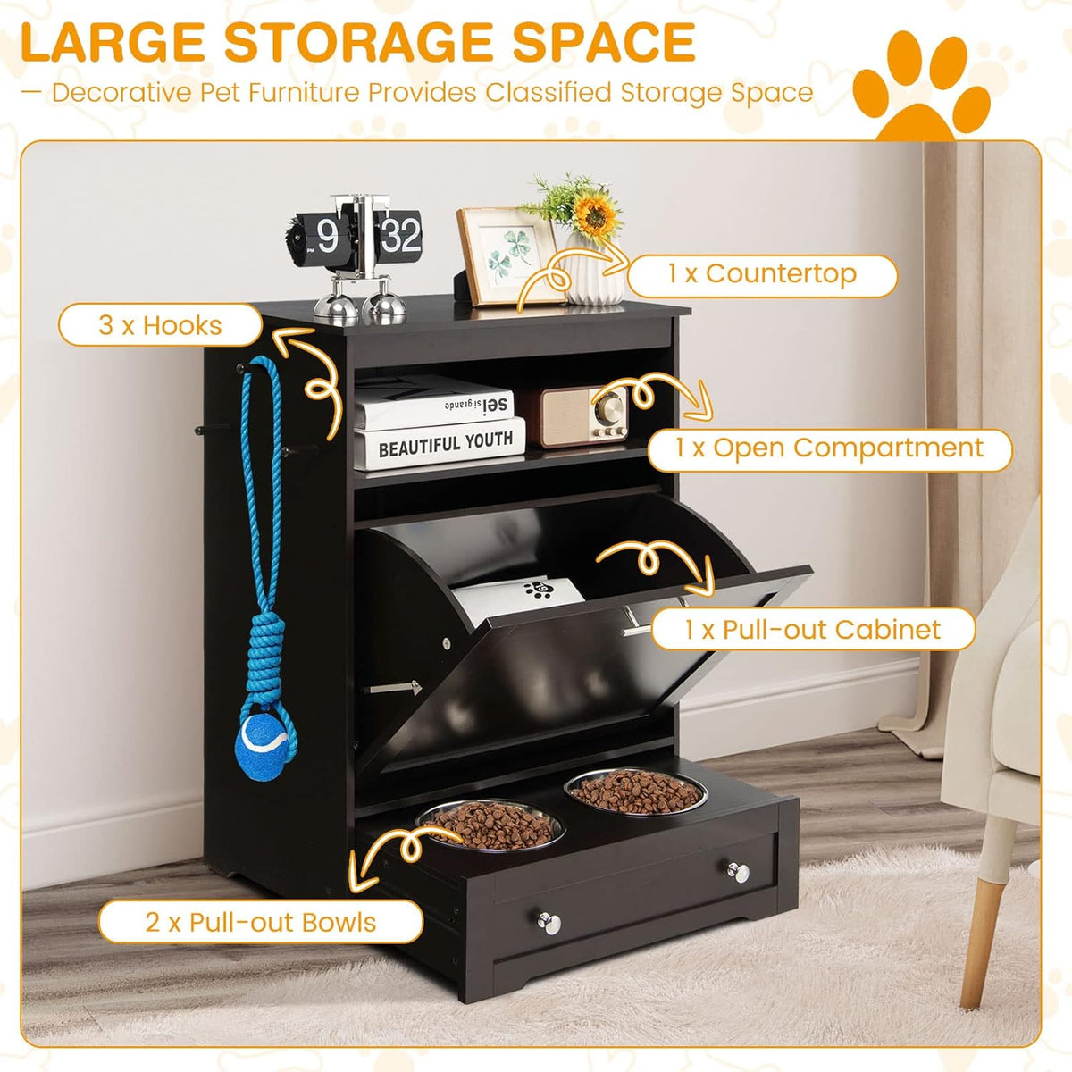Tangkula Pet Feeder Station, Dog Food Storage Container With Double Pull Out Bowls, Food Toy