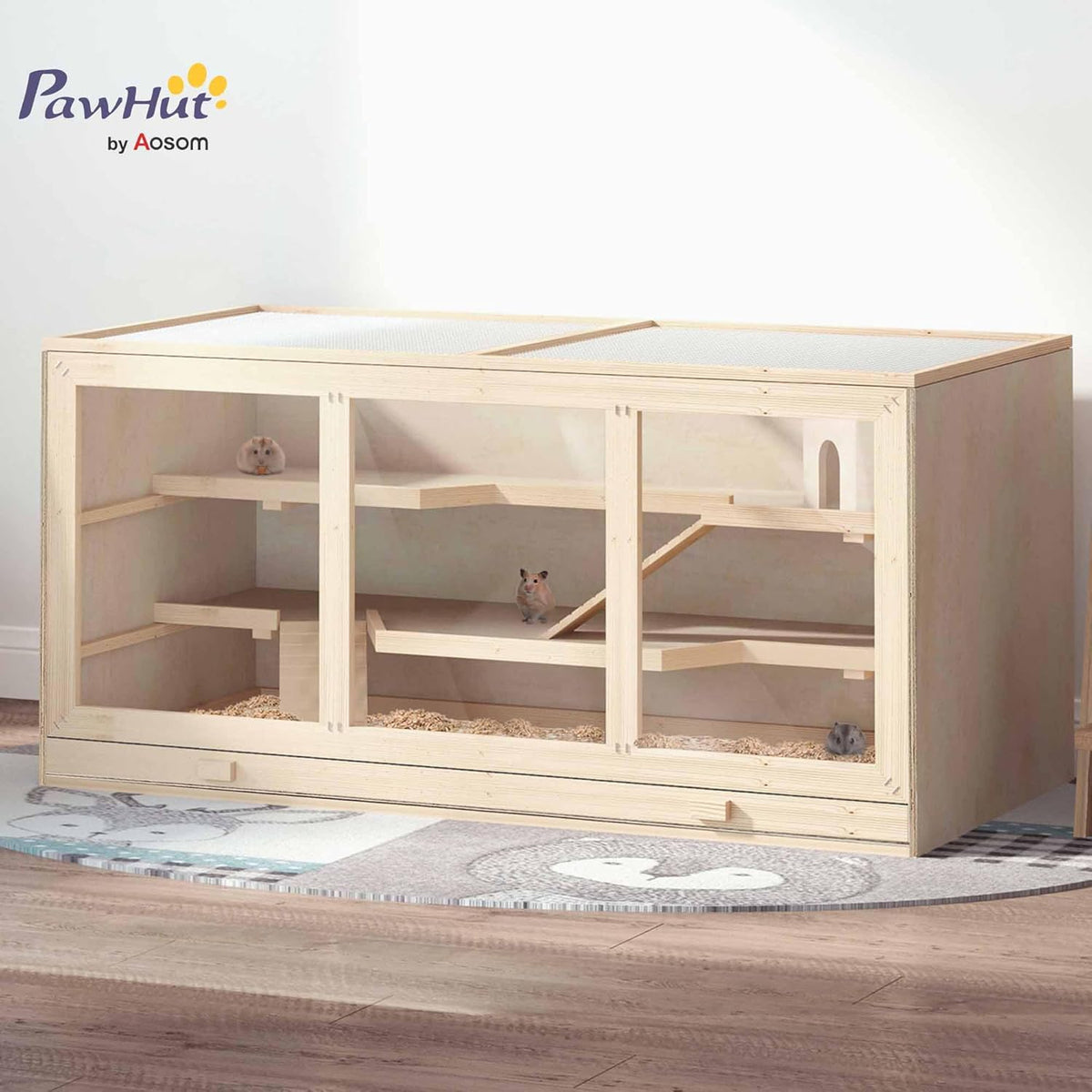 PawHut 45" Extra Large Wooden Hamster Cage, 3-Layer Chewproof Rat Cage with Opening Roof, Hut