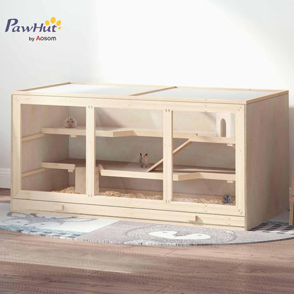 PawHut 45" Extra Large Wooden Hamster Cage, 3-Layer Chewproof Rat Cage with Opening Roof, Hut