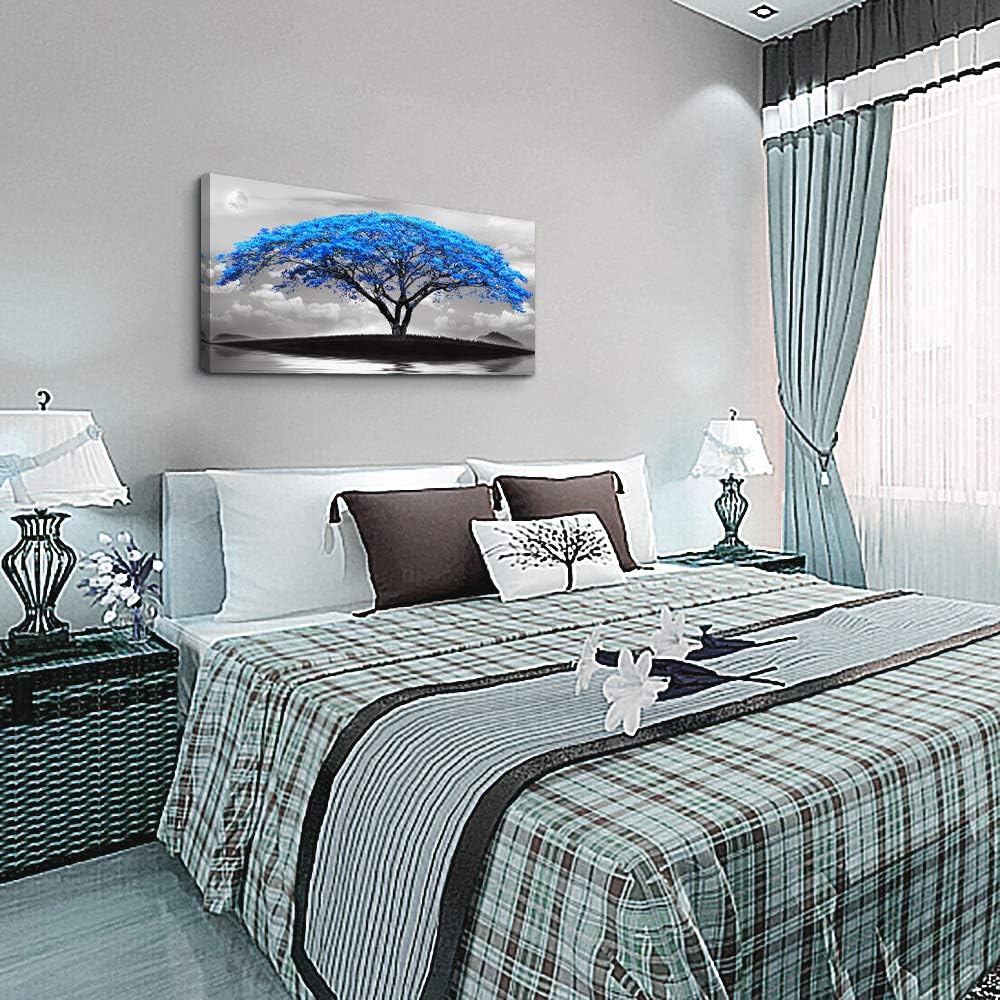 canvas wall art for living room bathroom Wall Decor Black and white landscape Blue tree moon
