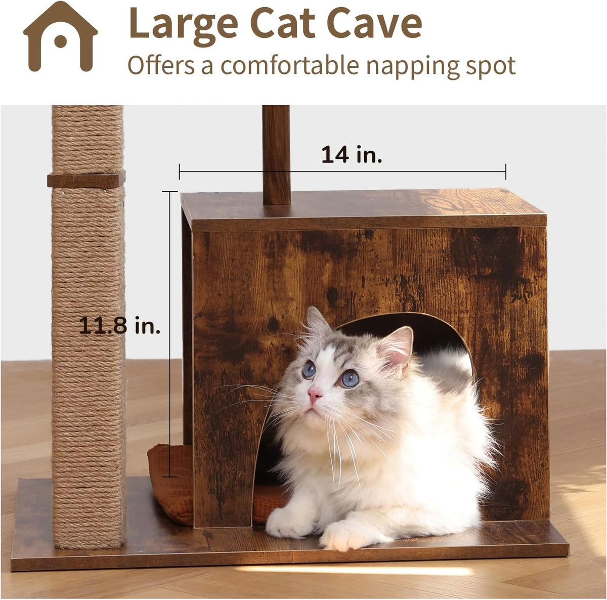 FUKUMARU Cat Scratching Post, Modern Style Cat Tree with Unique Square Post, Wooden Cat Tower with