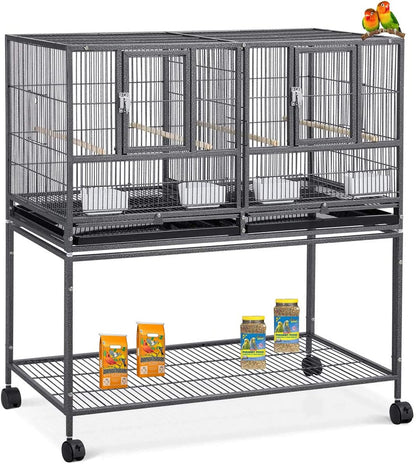 42" Stackable Center Divided Breeder Breeding Bird Flight Double Rolling Cage for Aviaries Canaries
