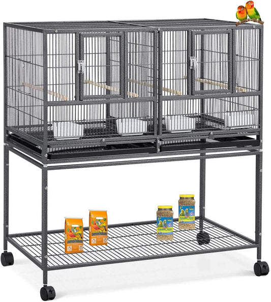 42" Stackable Center Divided Breeder Breeding Bird Flight Double Rolling Cage for Aviaries Canaries