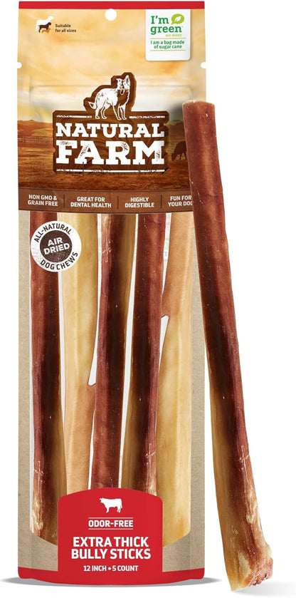 Natural Farm Odor Free Jumbo Bully Sticks (12 Inch, 5 Pack), Extra-Thick Chews for Dogs, Fully