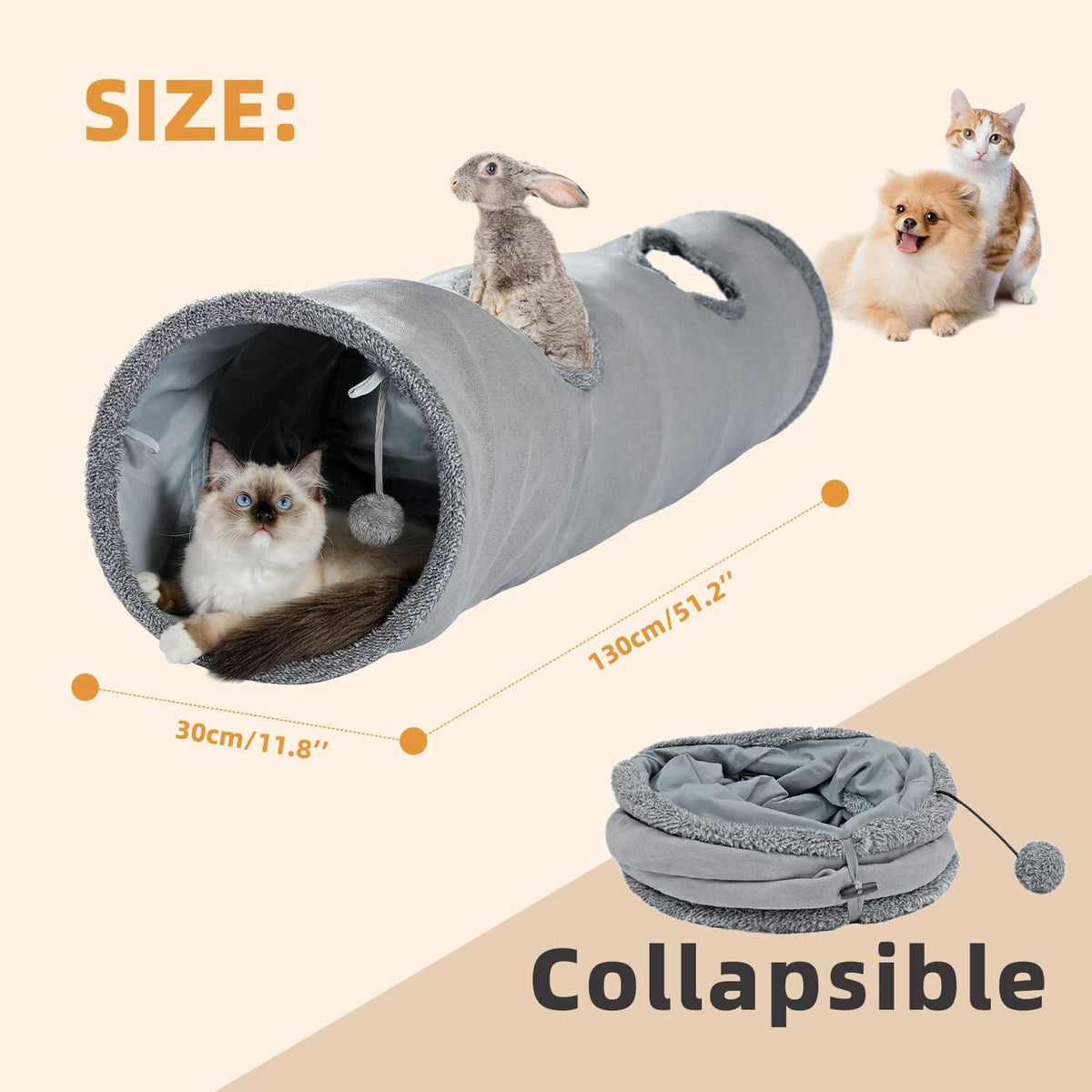 PAWZ Road Cat Tunnel 51 Inches Long Cat Toys Collapsible Tunnel 12 Inches in Diameter Large Cats