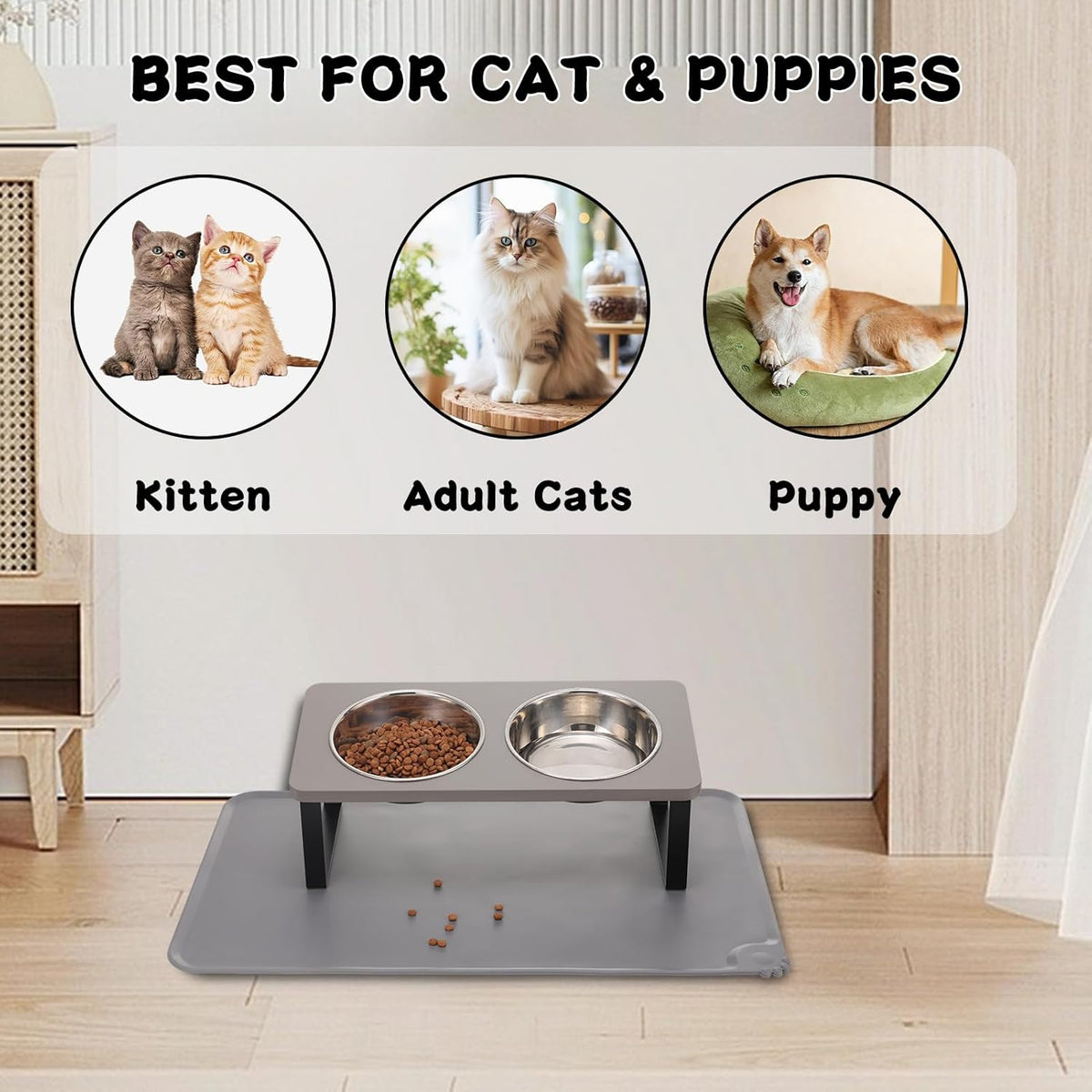 Upgraded Elevated Cat Bowls with Food Mat,15°Tilted Stand Anti Vomiting Raised Cat Dishes for Food