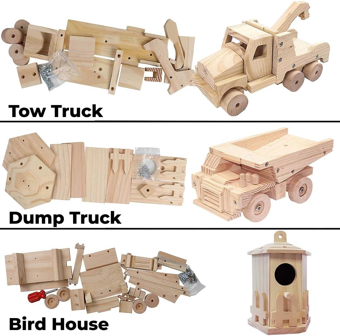 Kraftic Woodworking Building Kit for Kids and Adults, with 3 Educational DIY Carpentry Construction
