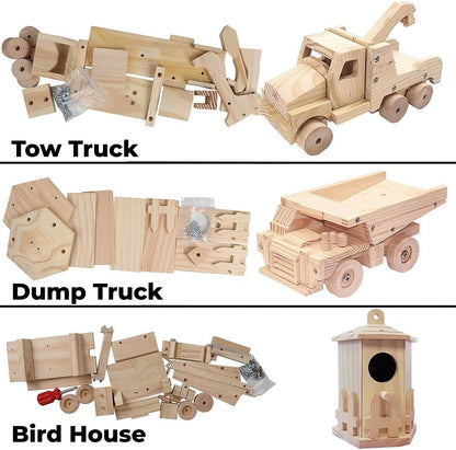 Kraftic Woodworking Building Kit for Kids and Adults, with 3 Educational DIY Carpentry Construction