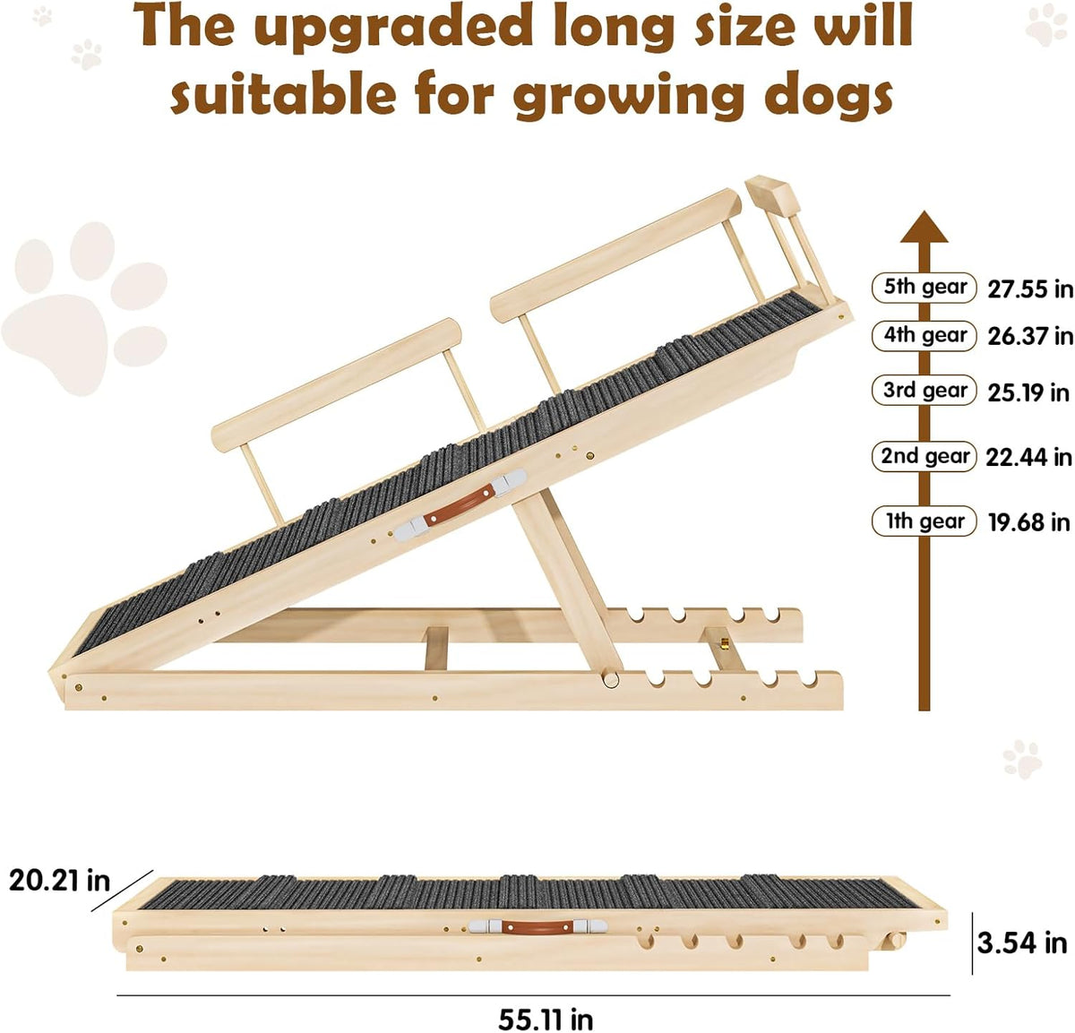 Dog Ramp for Couch, Bed or Car, Wooden 55" Long Pet Stairs for Small & Large Old Dogs & Cats, Hold