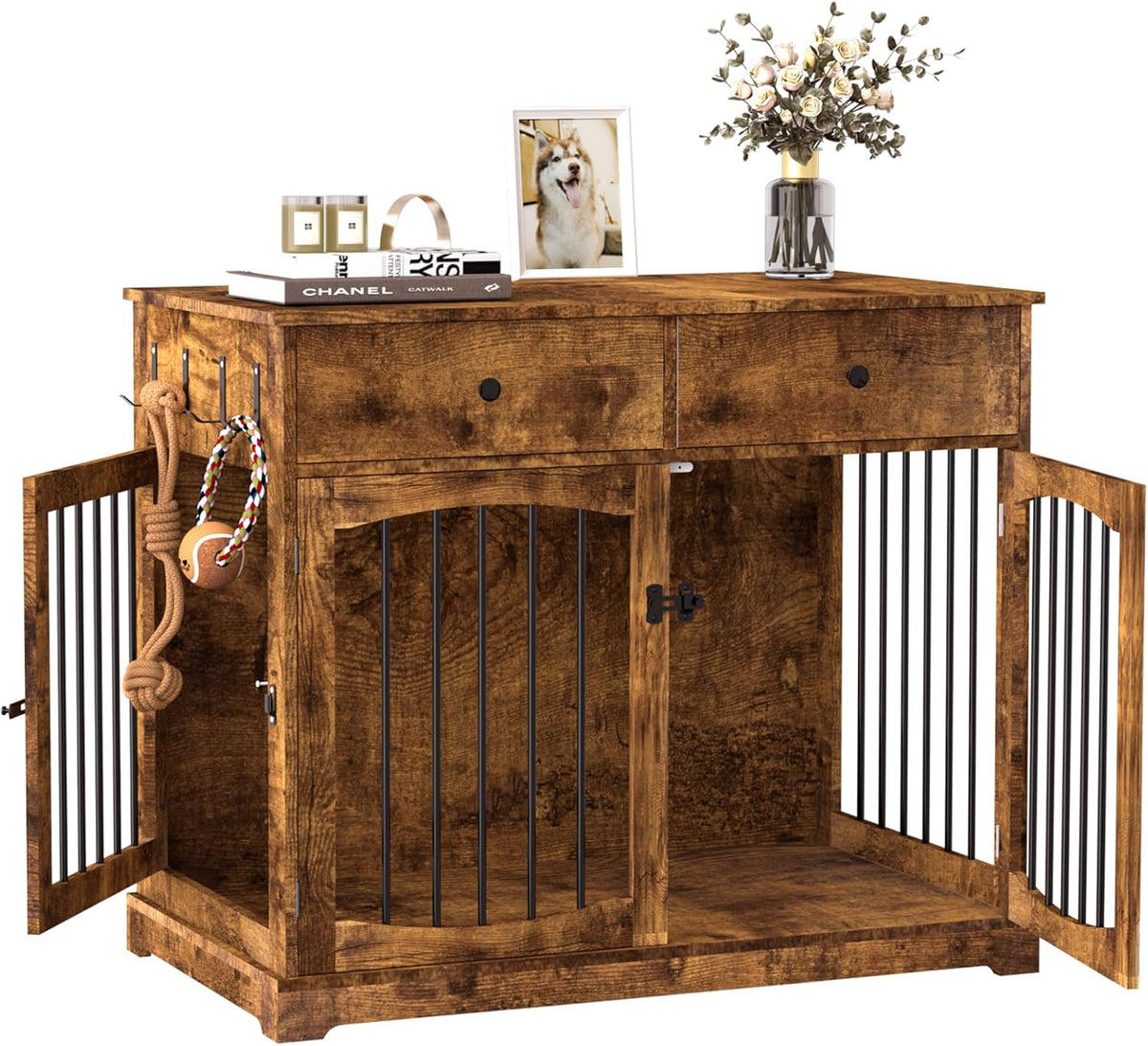 BREEZEHEAT 40 inch Dog Crate Furniture-Farmhouse Dog Kennel with Drawers-End Table Wooden Pet