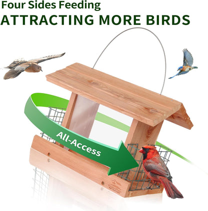 Solution4Patio US Cedar Hopper Bird Feeder for Outdoors Hanging, Handcrafted Wood Double Suet Cage
