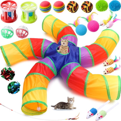 Poen 21 Pcs Cat Tunnel for Indoor Set Collapsible 5 Way Tubes with 20 Pcs Cat Kitten Toys