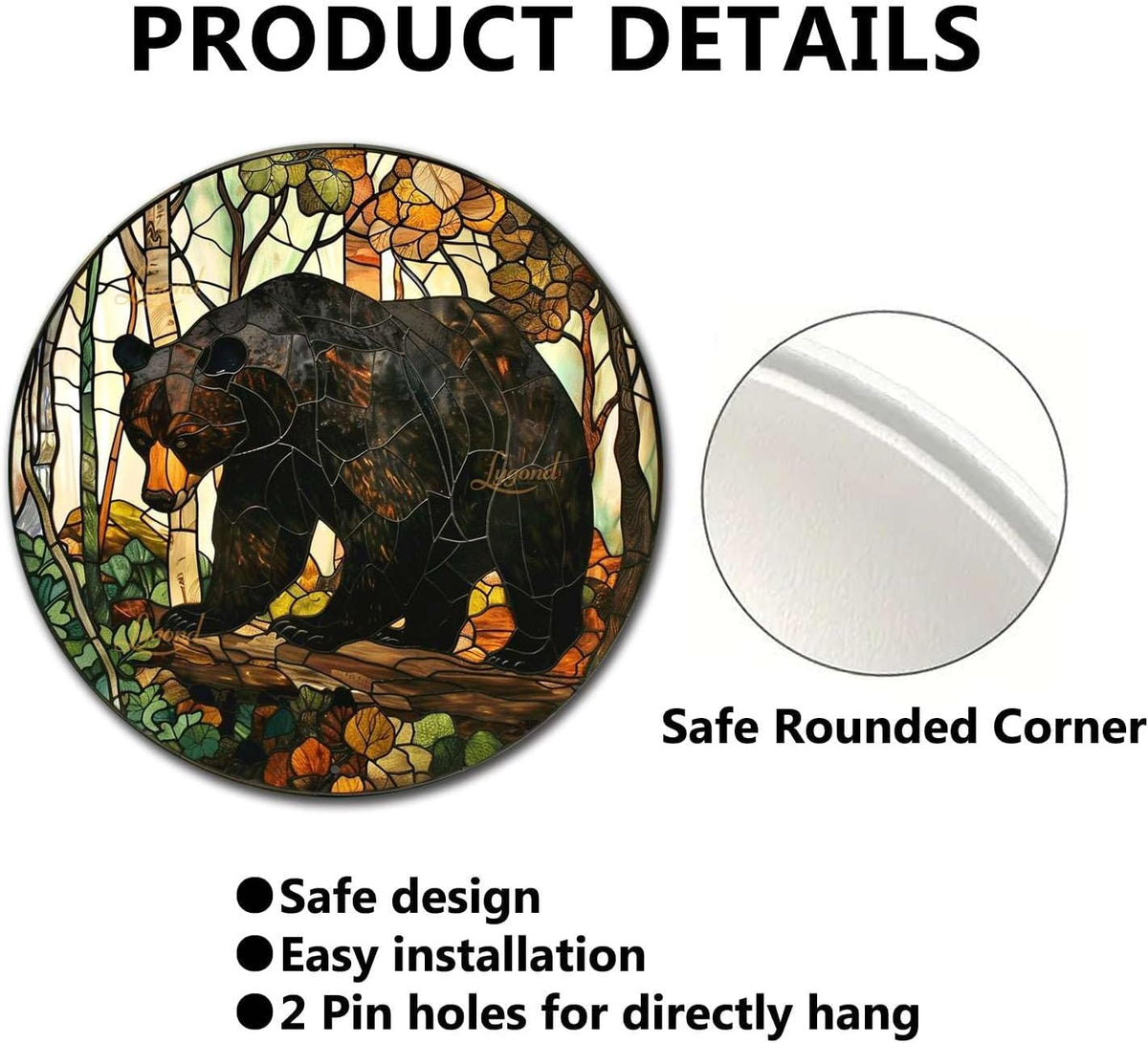 Lygond Metal Sign Tin Sign Circular Stained Glass American Black Bear Gardening Poster for Bar 8×8