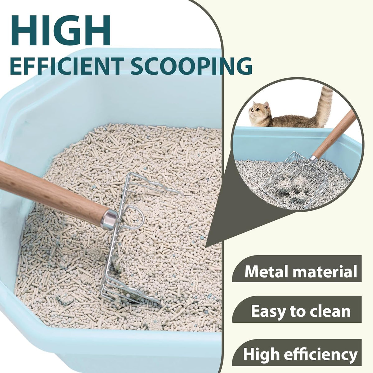 Cat Litter Scoop, Kitty Metal Scooper with Hook and Long Hole, Stainless Steel Kitten Poop Lifter
