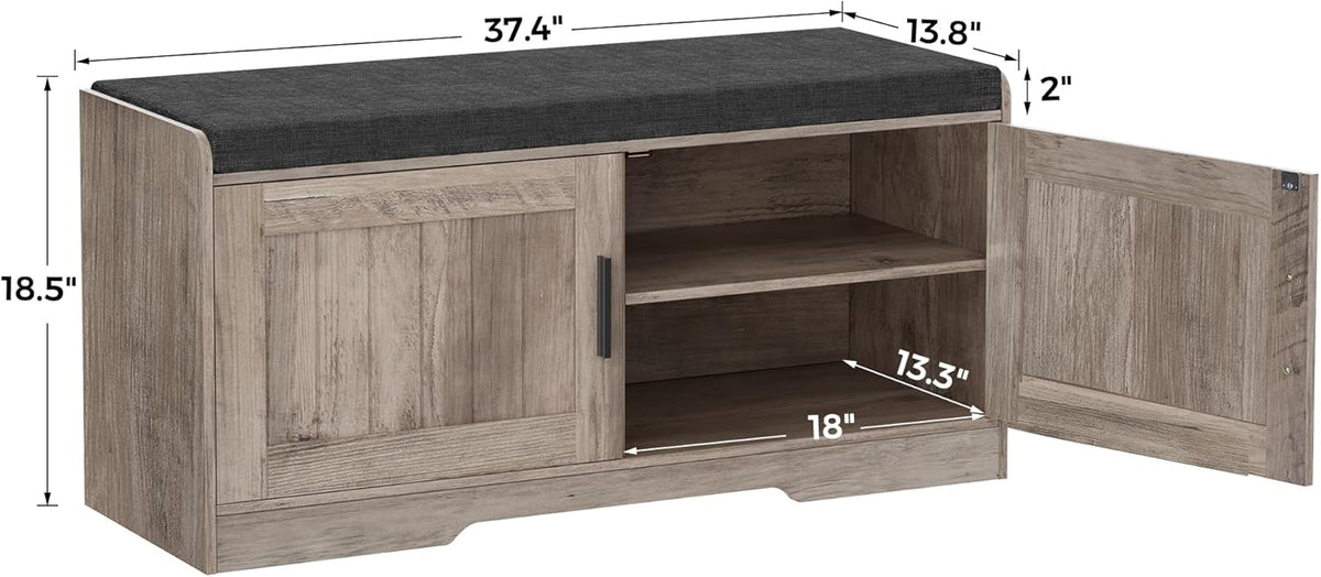 2-Tier Storage Bench, Shoe Bench with Thickened Padded Seat Cushion, Entryway Bench with 2 Doors