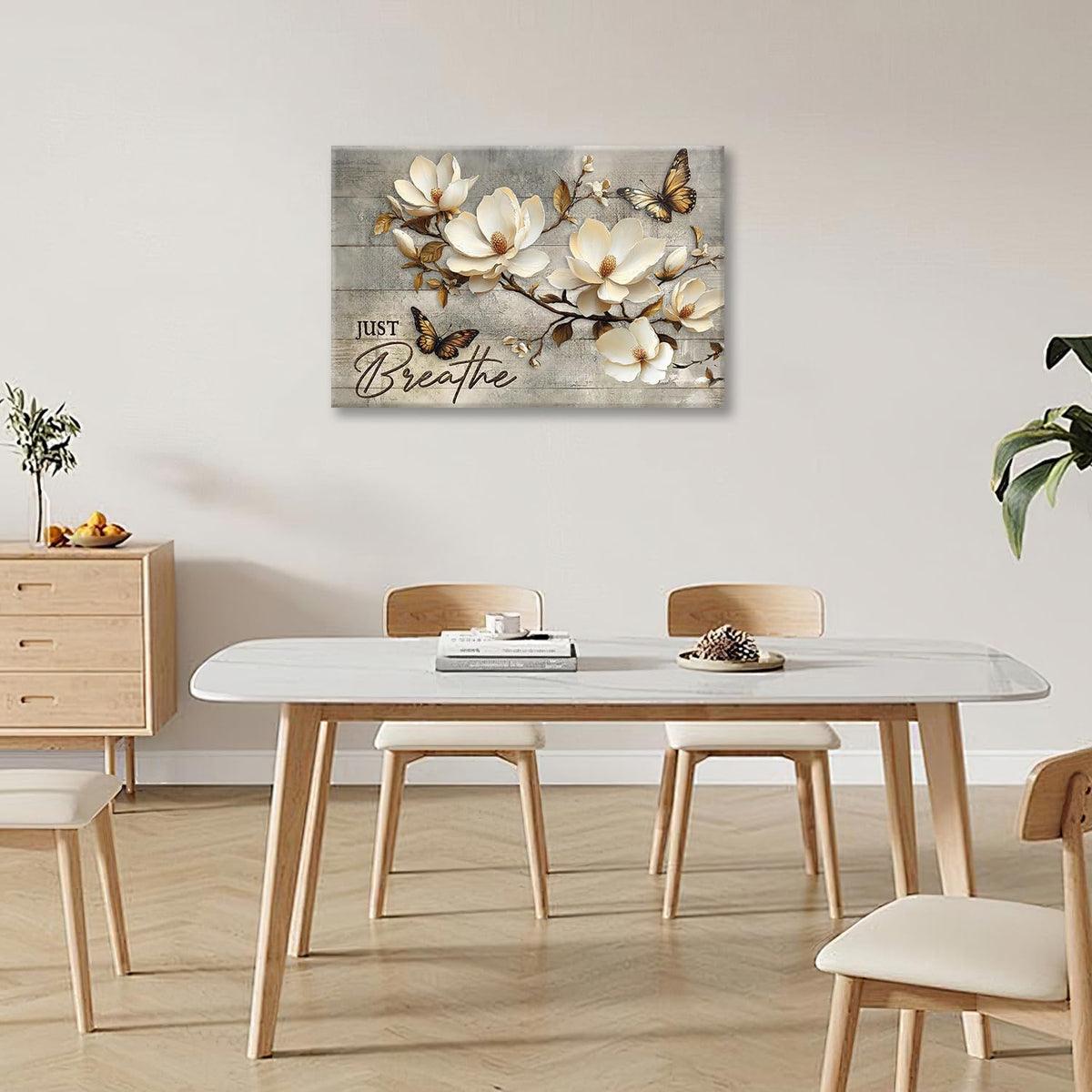 Floral Magnolia Bathroom Pictures Wall Art, Just Breathe Bathroom Wall Decor, Flower Butterfly