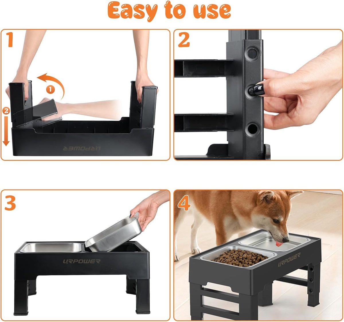 URPOWER Elevated Dog Bowls 4 Height Adjustable Raised Stand with 2 Large Stainless Steel Dog Food