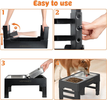 URPOWER Elevated Dog Bowls 4 Height Adjustable Raised Stand with 2 Large Stainless Steel Dog Food