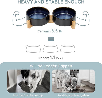 SPUNKYJUNKY Ceramic Dog and Cat Bowl Set with Wooden Stand, Modern Cute Weighted Food Water Set for
