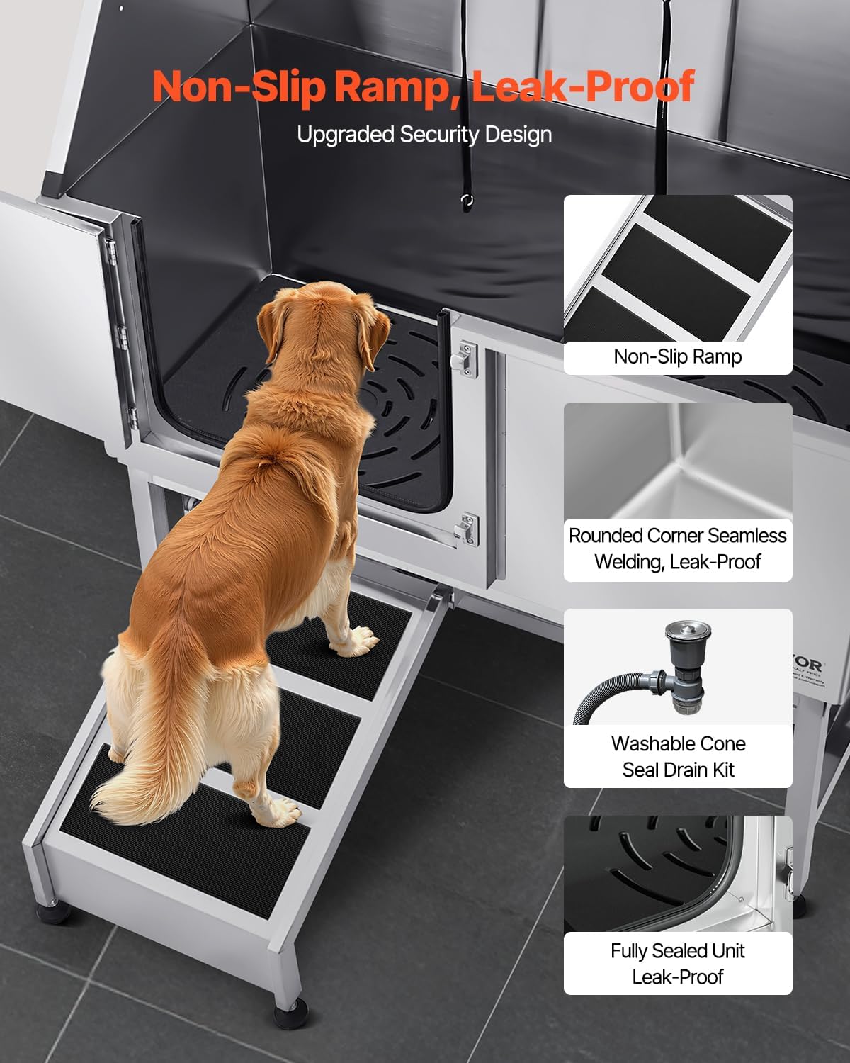 VEVOR Stainless Steel Dog Washing Station, Professional 62 inch Pet Grooming Tub w/Ramp, PE Water
