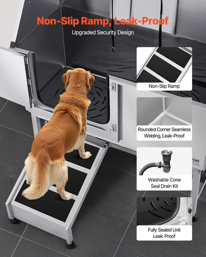 VEVOR Stainless Steel Dog Washing Station, Professional 62 inch Pet Grooming Tub w/Ramp, PE Water