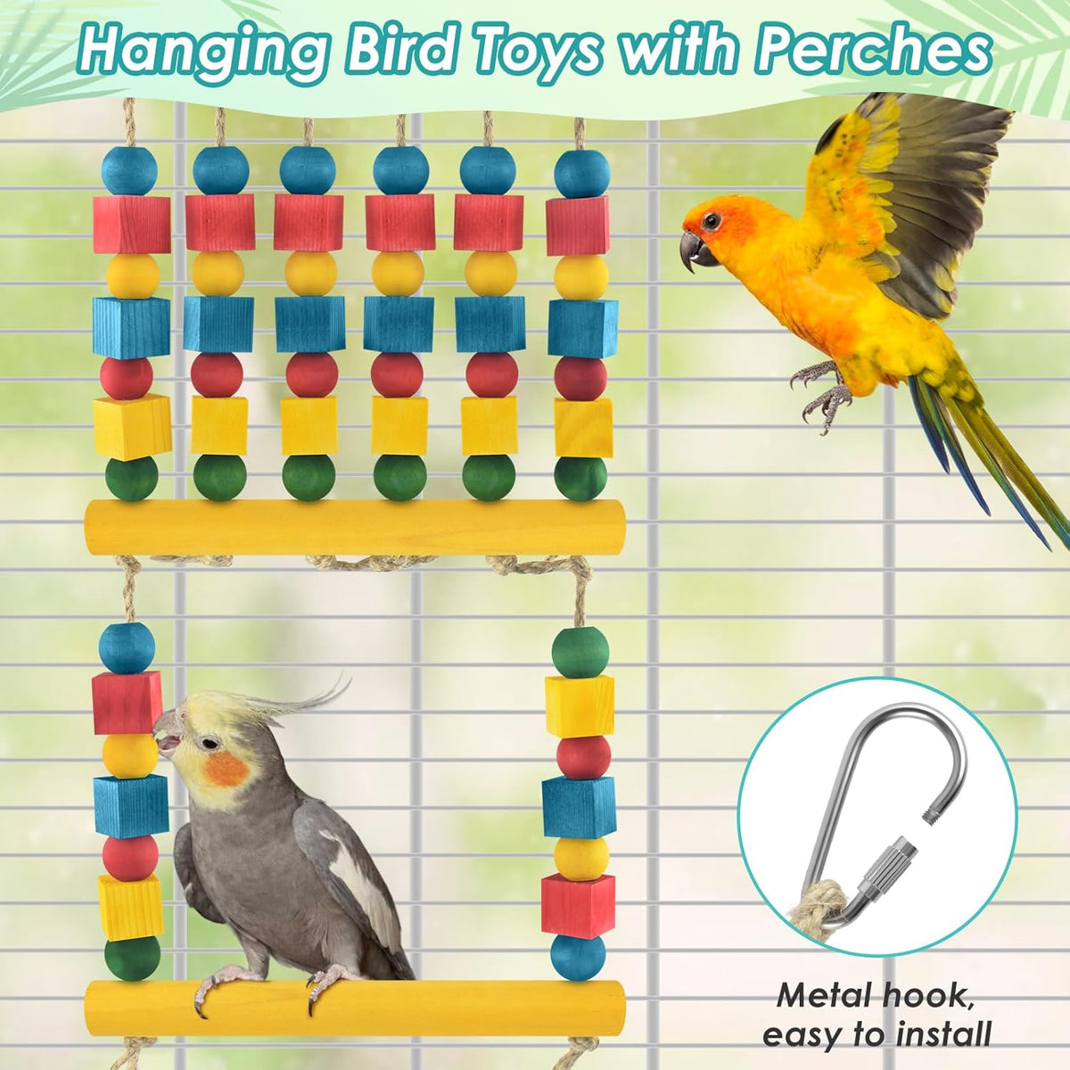 Bird Swing, Parrot Chew Toy with Wooden Perches Stand, Hanging Colorful Wood Block Bird Cage