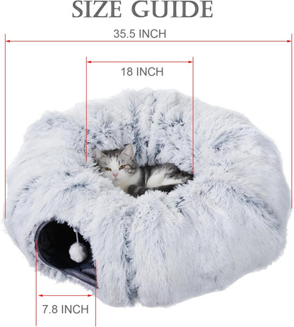 Cat Tunnel with Cat Bed for Indoor Cats, Soft Plush Peekaboo Cat Cave Donut Tunnel, Multifunctional