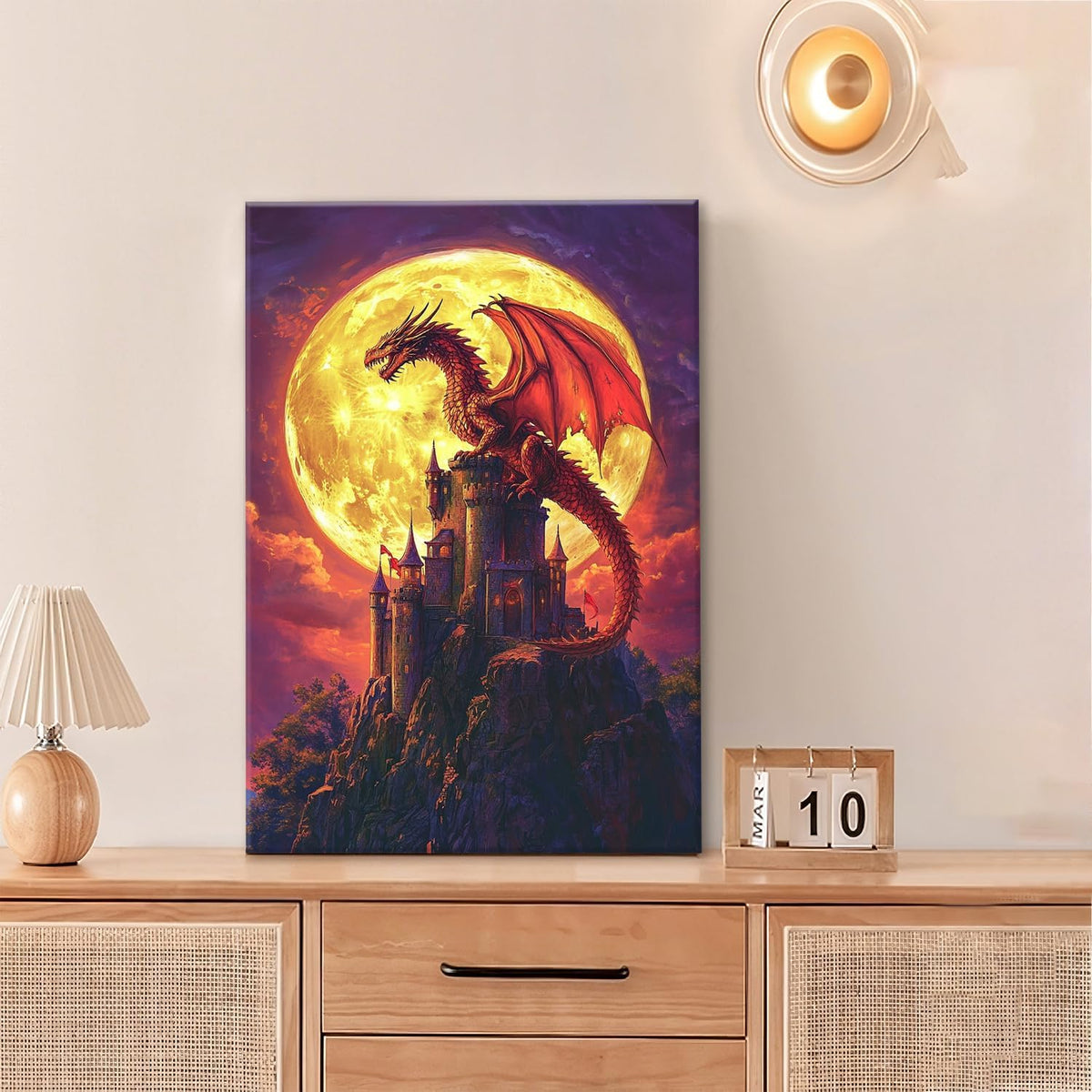 Dragon Bathroom Pictures Wall Art, Red Dragon Castle Bathroom Wall Decor, Framed Painting Canvas