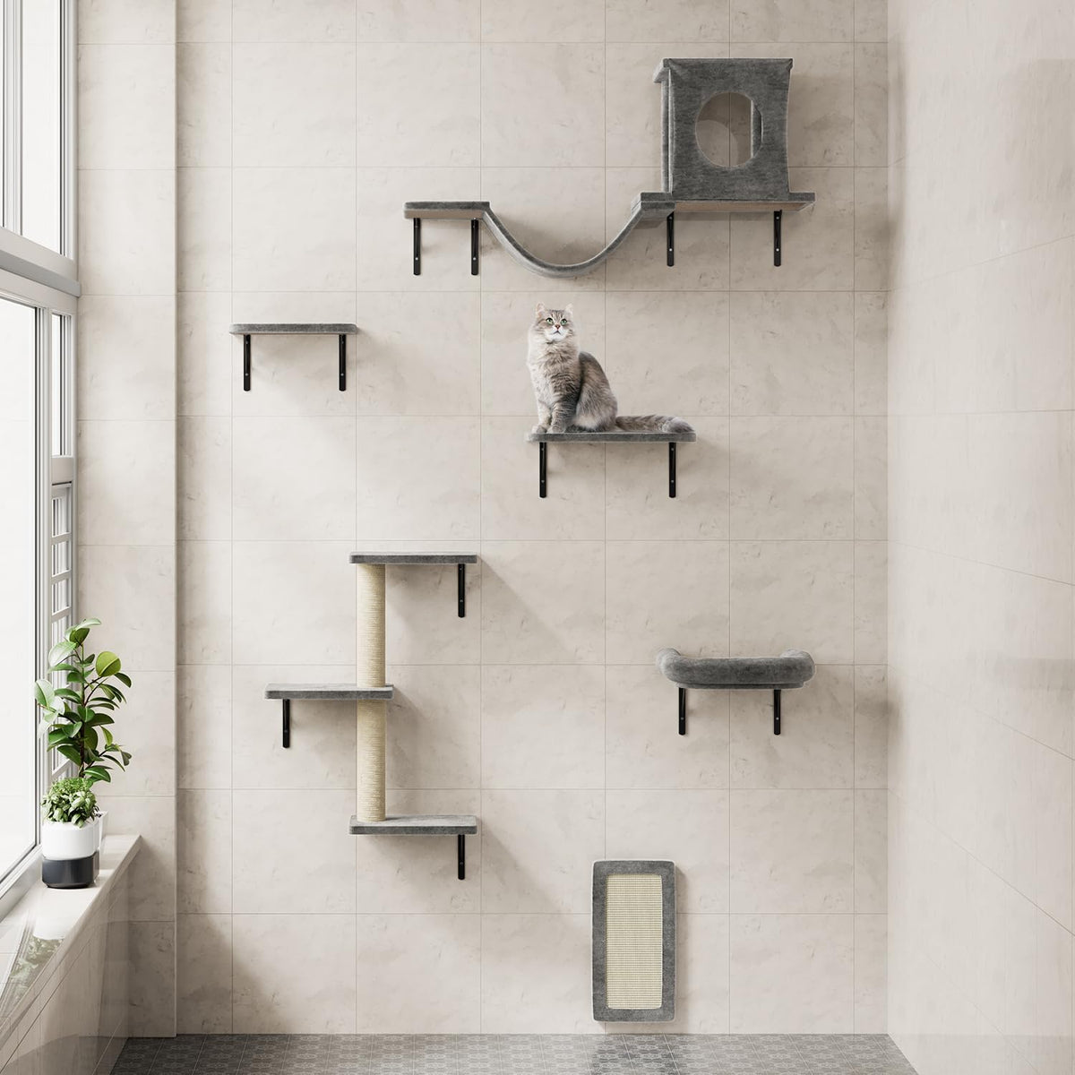 NUNU LAB Cat Wall Shelves, 6 Pcs Luxury Wall-Mounted Cat Climber Set, Indoor Cat Furniture with 1