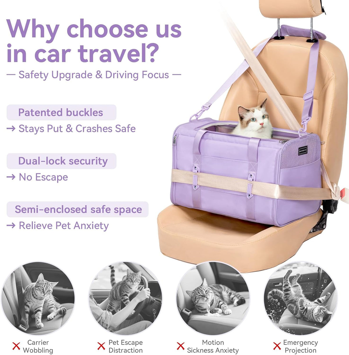 PETSFIT Soft-Sided Cat Carriers & Car Seats with Patent Safe Buckles, Clip-On Harness, 18"x11"x11"