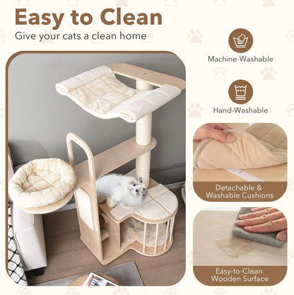 Tangkula Wood Cat Tree for Indoor Cats, 55 Inch Multi-Level Cat Tower Activity Center with Hammock