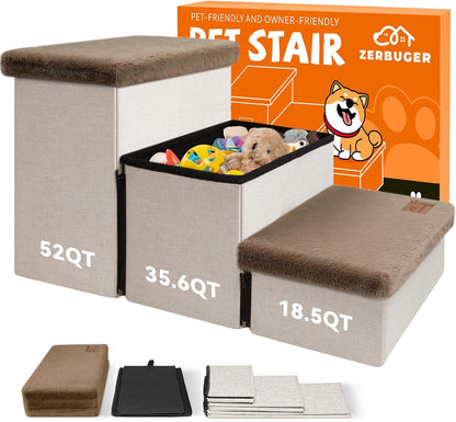 Dog Stairs with Furry Lids 18" H, 3-Step Wider Dog Steps with Storage for Small/Medium/Large Old