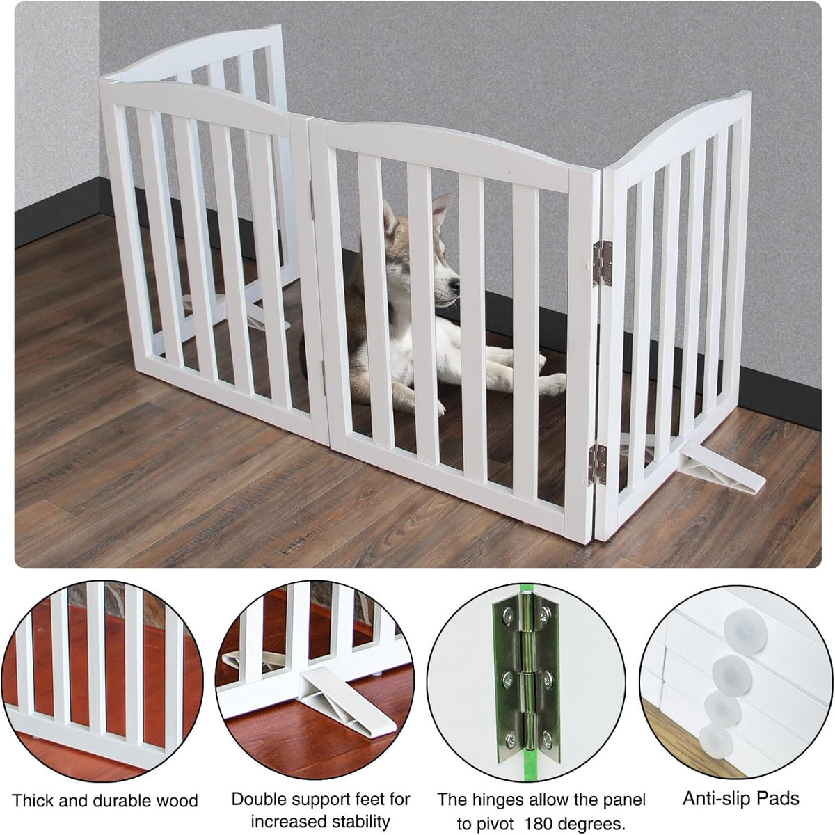 ZJSF Foldable Freestanding Indoor Dog Gate for House Wood White Long Pet Gates Dog Fence for Stairs