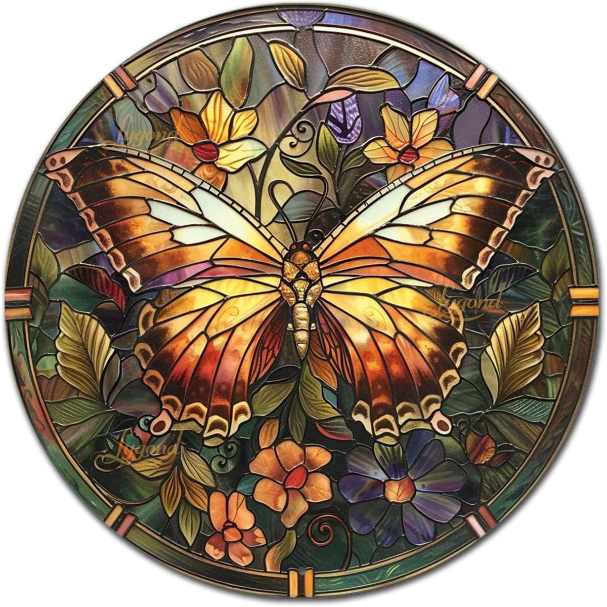 Lygond Metal Sign Tin Sign Circular Stained Glass Butterfly Funny Bathroom Decor for Garage 8×8