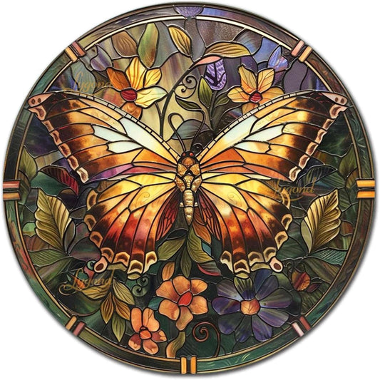 Lygond Metal Sign Tin Sign Circular Stained Glass Butterfly Funny Bathroom Decor for Garage 8×8