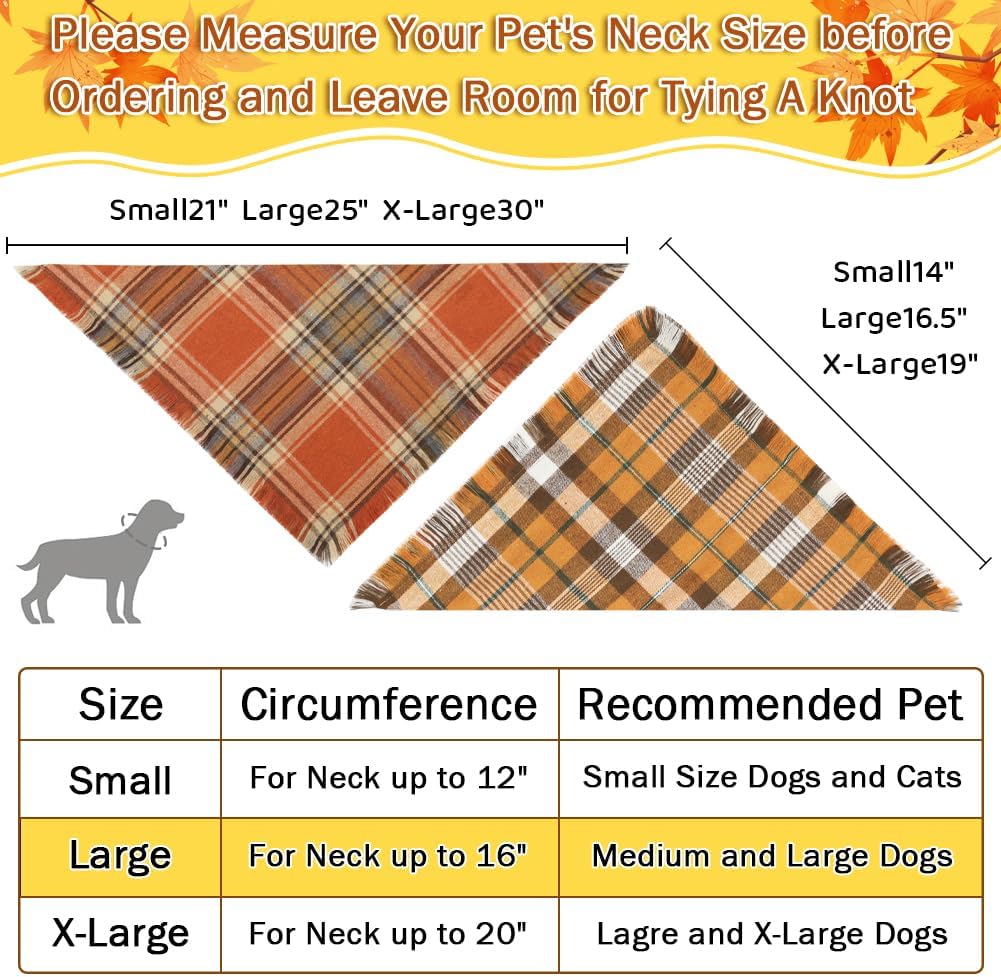 Vivifying Halloween Dog Bandana, 2 Pack Fall Thanksgiving Classic Plaid Dog Scarf with Tassels