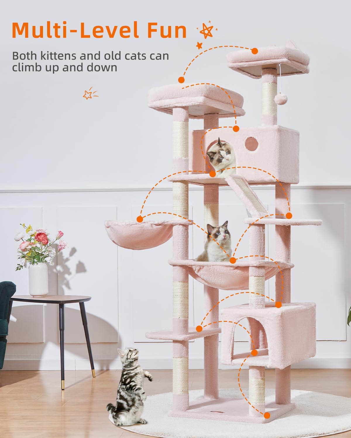 Taoqimiao Cat Tree 71-Inch, Cat Tower for Indoor Cats Large Adult, Multi-Level Large Cat Condo, 8