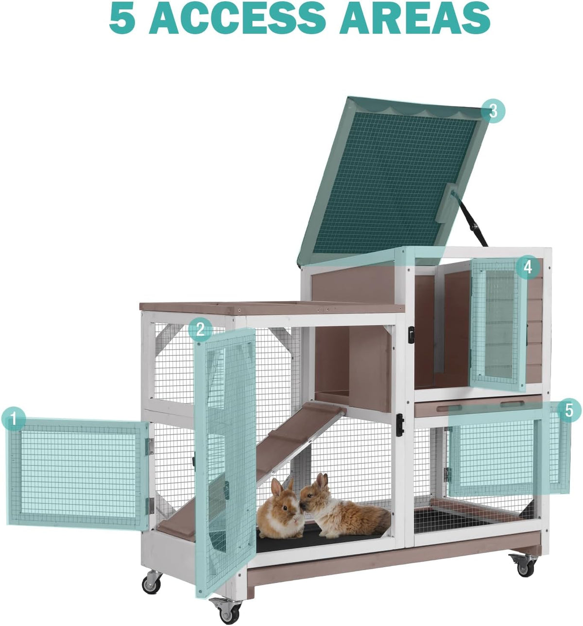 Rabbit Hutch Indoor for 2-4 Rabbits & Guinea Pigs，Bunny Cage with Slide-Out Plastic Trays，Wooden