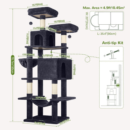 Globlazer Cat Tree Tower, 76-Inch Extra Tall Multi-Level Cat Furniture with Cozy Condos, Hammock