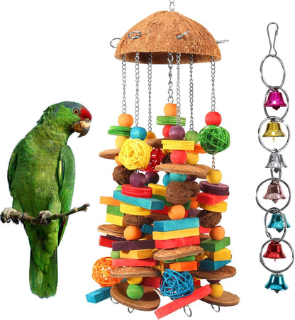Bird Parrot Toys Natural Large Parrot Blocks Toy Colorful Bird Chewing Toys with Bells for Macaw
