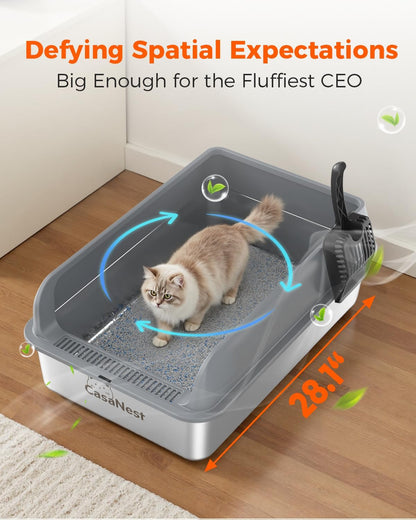 XXXL Stainless Steel Cat Litter Box 28.1''×20.5''× 10.1” Extra Large Metal Cat Litter Box for Big