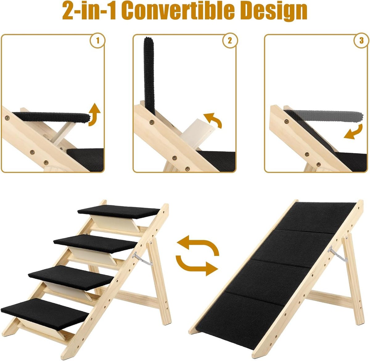 Foldable Dog Stairs/Ramp with 4 Steps - Durable Wooden Pet Stairs for Small, Medium, Large Dogs